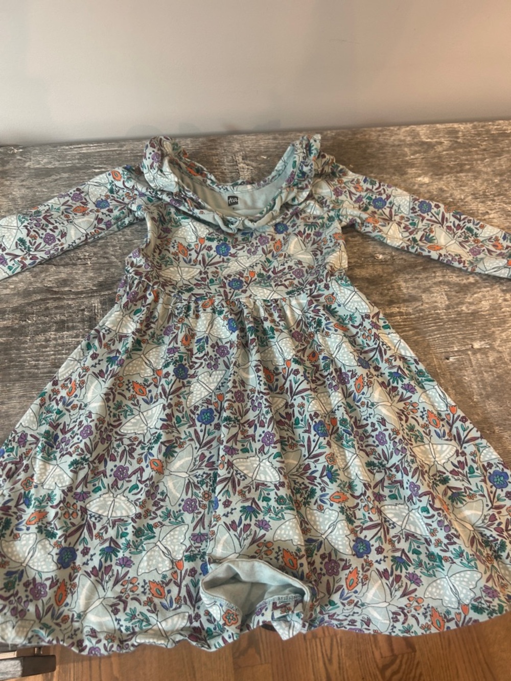 Girls' Long-Sleeve Floral Dress in Light Gray with Multicolor Print